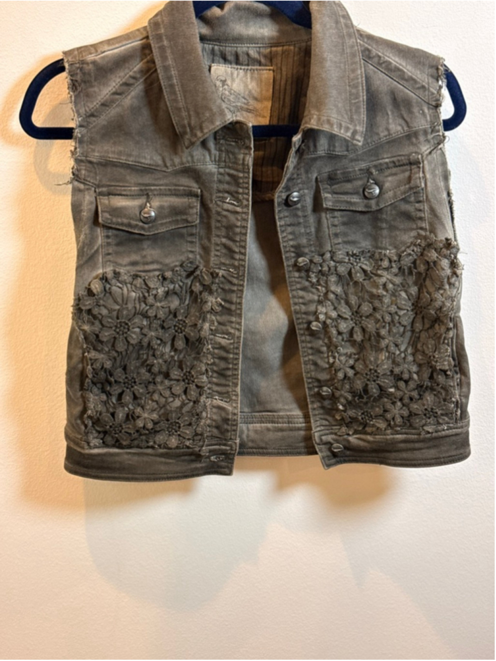 Women's Buckl White Crow faded from black Denim Vest with Lace Detail M